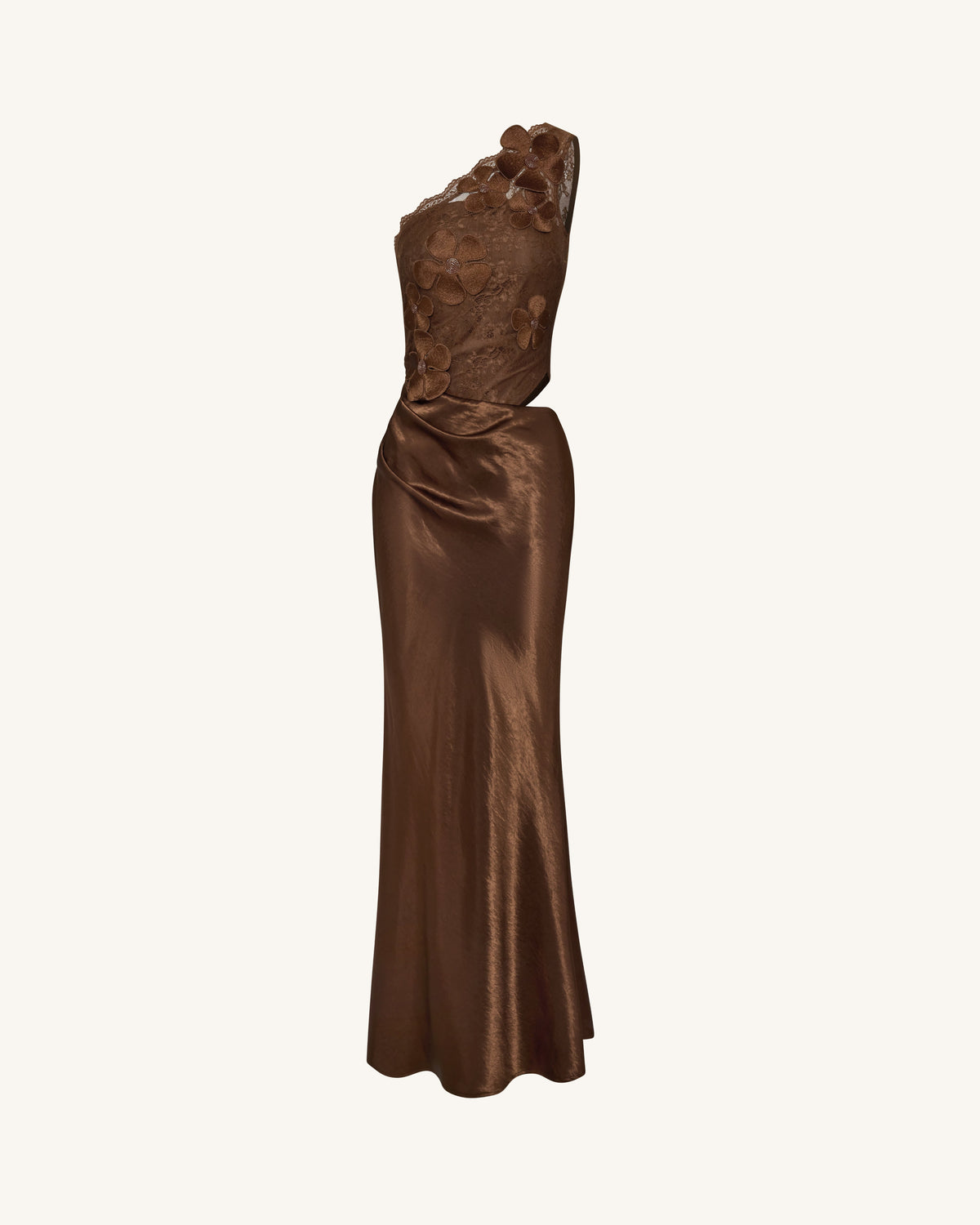 Floral One Shoulder Satin Dress - Brown | JW PEI
