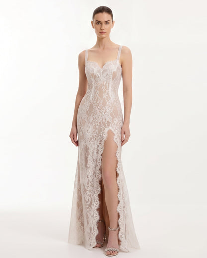 Lace Slit Maxi Dress - White | JW PEI