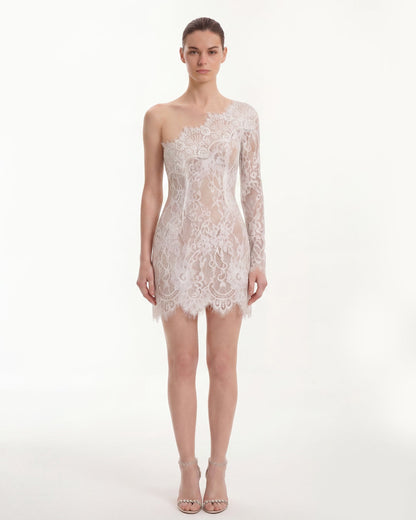 One Shoulder Lace Mini Dress - White | JW PEI