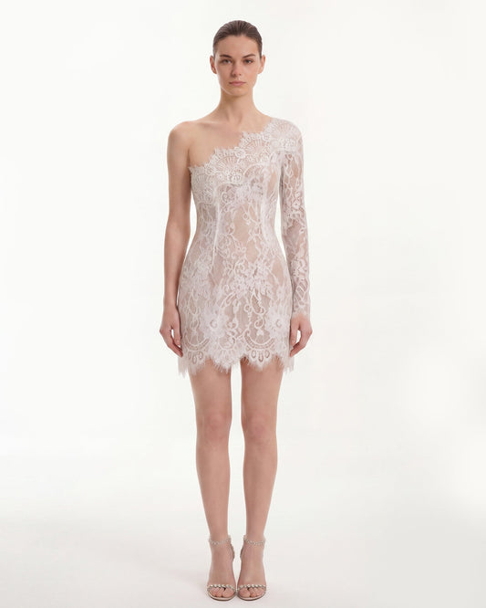 One Shoulder Lace Mini Dress - White | JW PEI