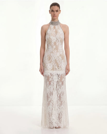Jeweled Lace Halter Dress - White | JW PEI