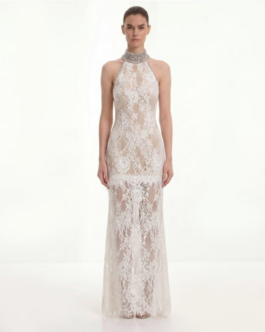 Jeweled Lace Halter Dress - White | JW PEI