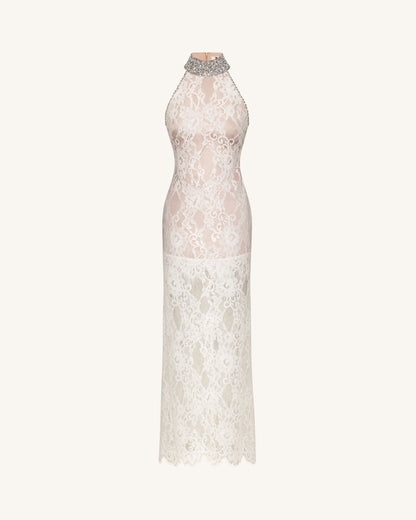 Jeweled Lace Halter Dress - White | JW PEI