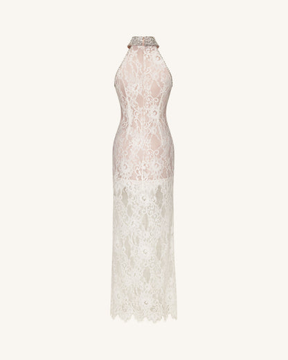 Jeweled Lace Halter Dress - White | JW PEI