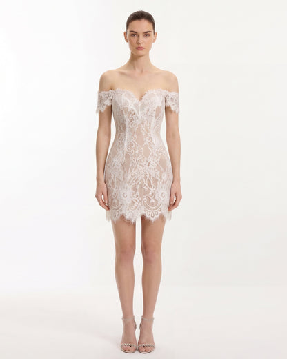 Off Shoulder Lace Mini Dress - White | JW PEI