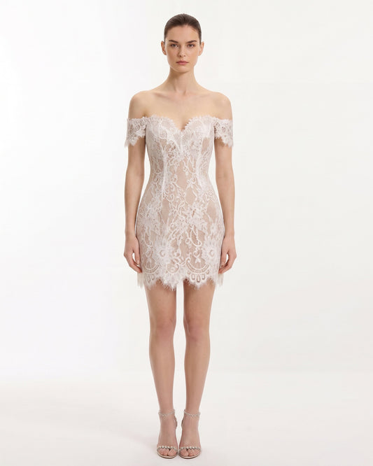 Off Shoulder Lace Mini Dress - White | JW PEI