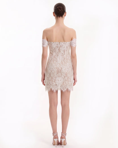 Off Shoulder Lace Mini Dress - White | JW PEI