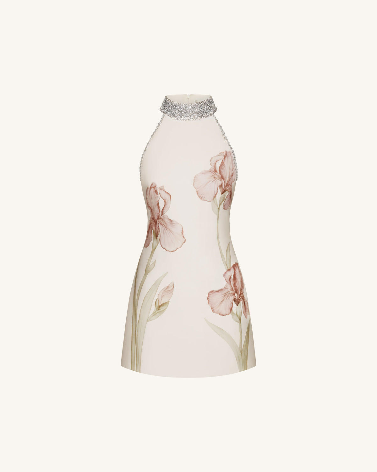 Jeweled Halter Iris Motif Dress - Ivory/Pink | JW PEI