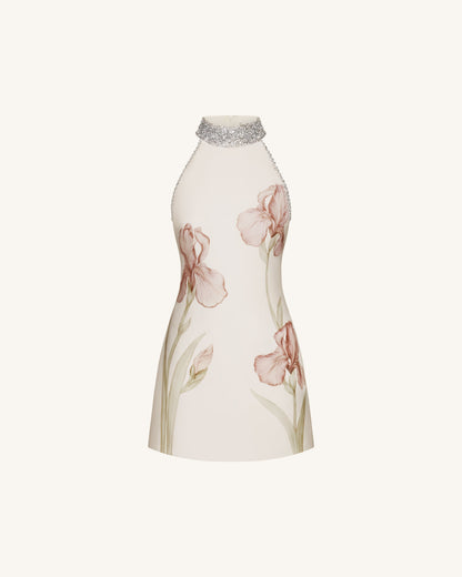Jeweled Halter Iris Motif Dress - Ivory/Pink | JW PEI