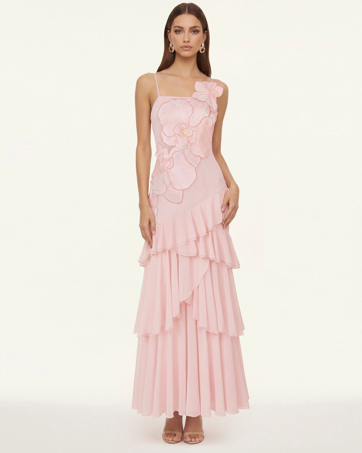 Orchid Embroidered Ruffled One-Shoulder Maxi Dress - Blush Pink | JW PEI