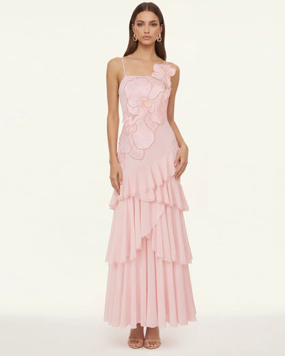 Orchid Embroidered Ruffled One-Shoulder Maxi Dress - Blush Pink | JW PEI