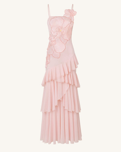 Orchid Embroidered Ruffled One-Shoulder Maxi Dress - Blush Pink | JW PEI