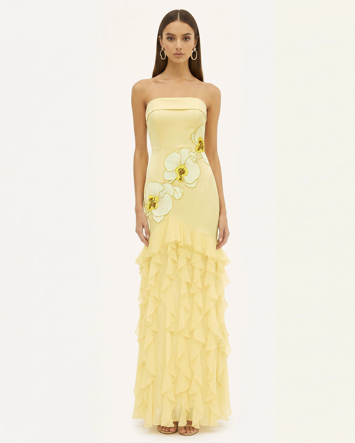 Orchid Embroidered Ruffled Strapless Maxi Dress - Pale Yellow | JW PEI