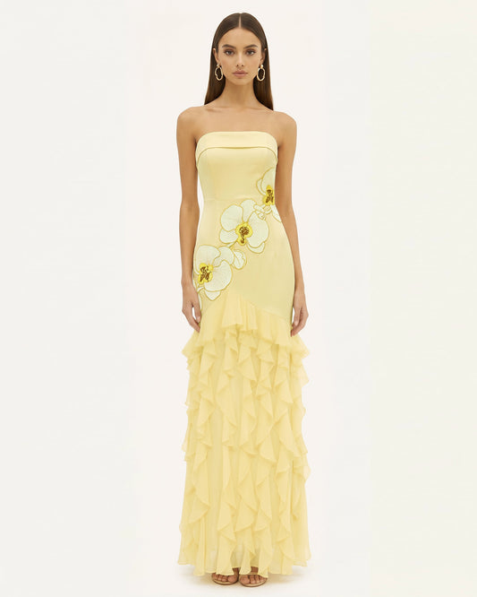 Orchid Embroidered Ruffled Strapless Maxi Dress - Pale Yellow | JW PEI