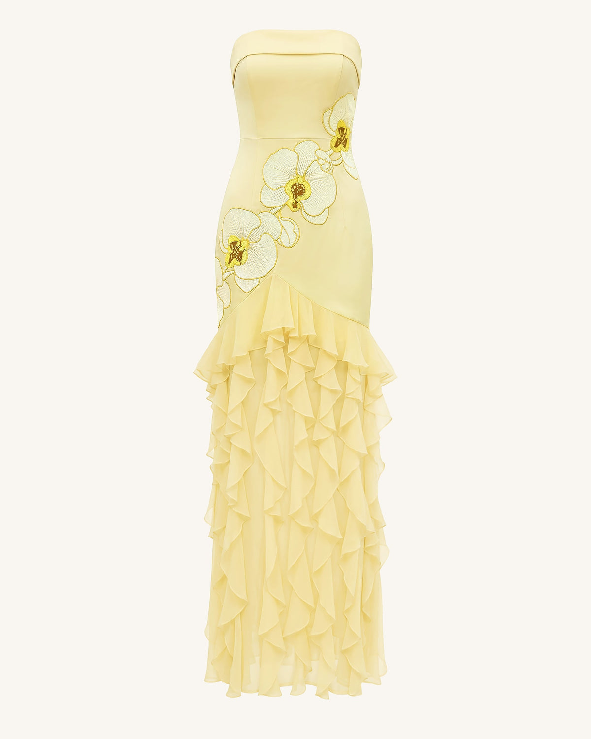 Orchid Embroidered Ruffled Strapless Maxi Dress - Pale Yellow | JW PEI