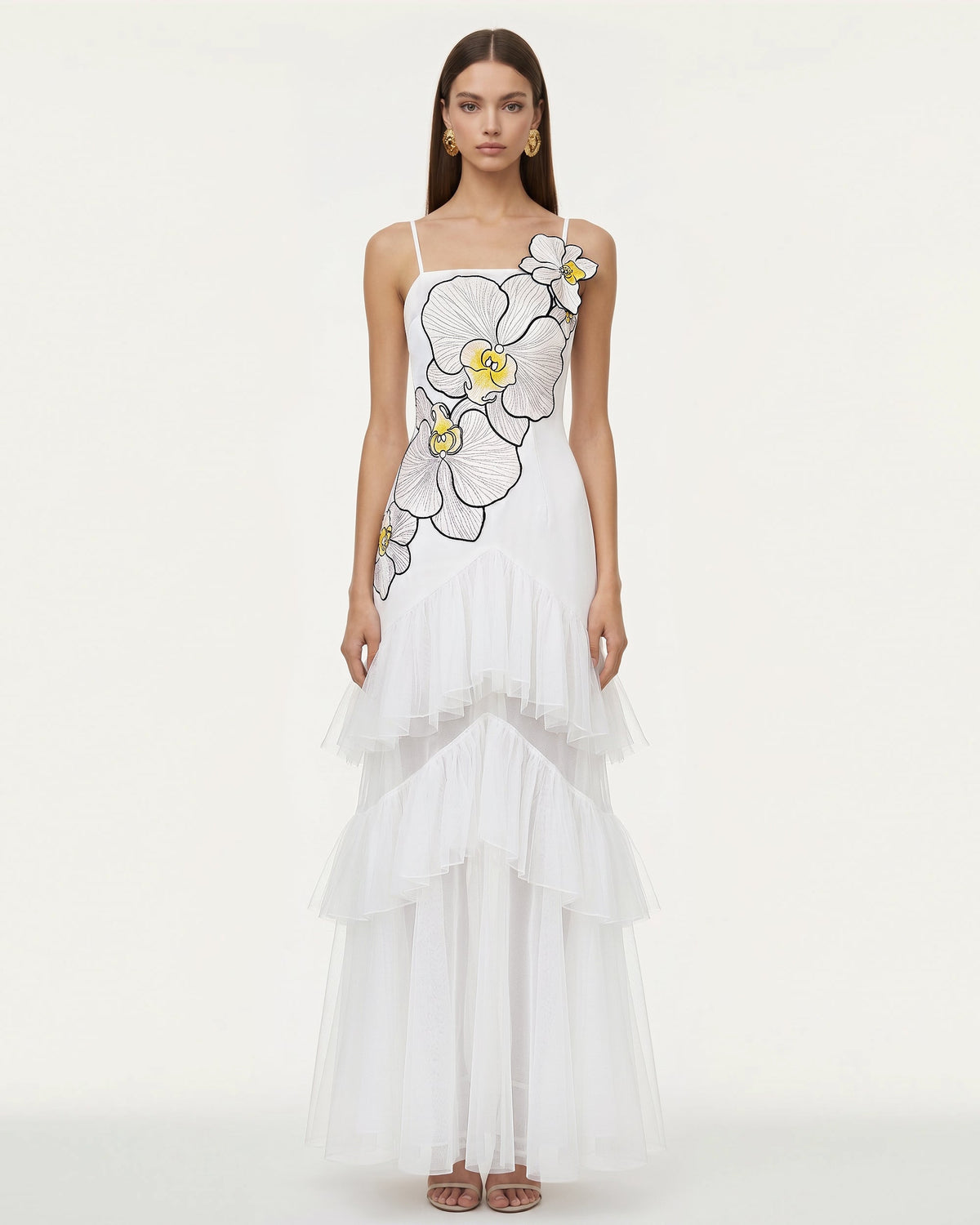 Orchid Embroidered Ruffled Tulle Strapless Maxi Dress - White | JW PEI