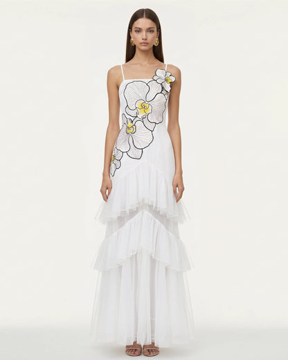 Orchid Embroidered Ruffled Tulle Strapless Maxi Dress - White | JW PEI