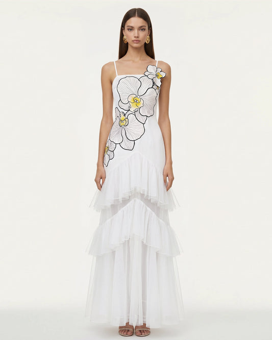 Orchid Embroidered Ruffled Tulle Strapless Maxi Dress - White | JW PEI