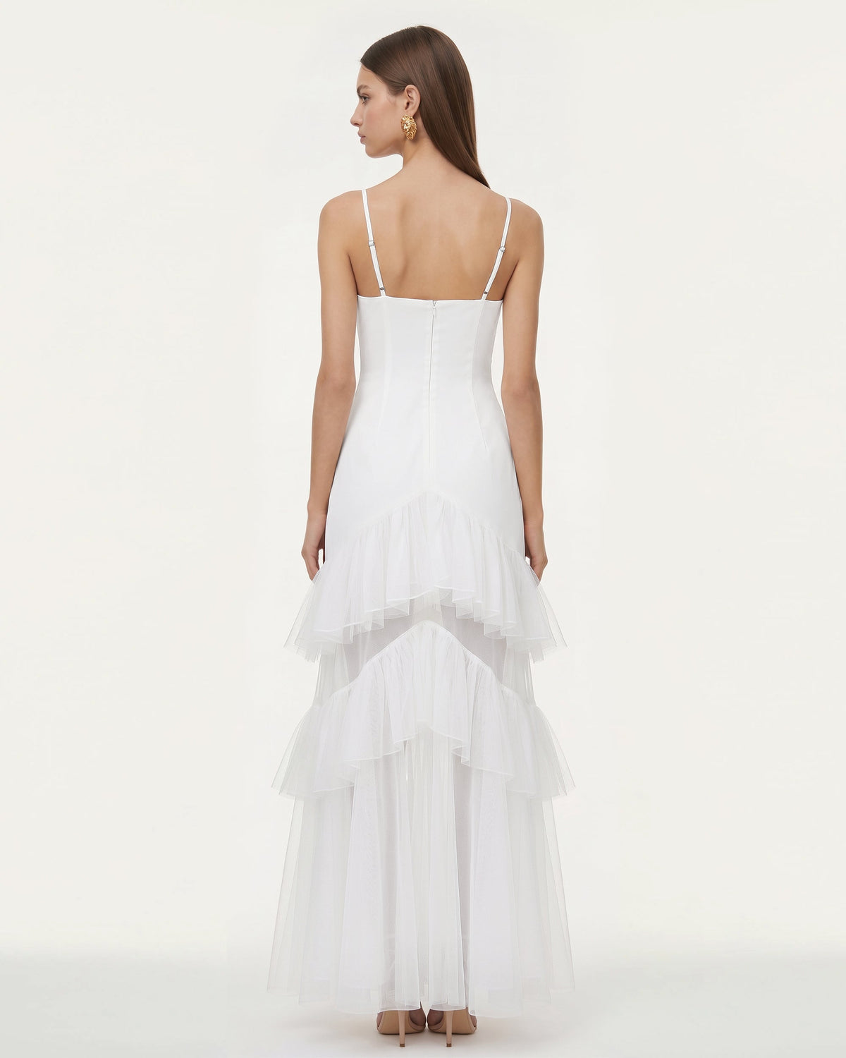 Orchid Embroidered Ruffled Tulle Strapless Maxi Dress - White | JW PEI