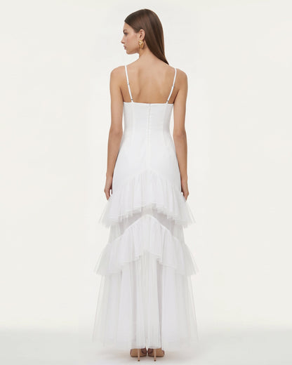 Orchid Embroidered Ruffled Tulle Strapless Maxi Dress - White | JW PEI