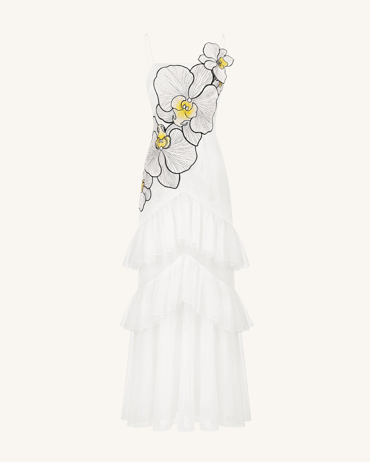 Orchid Embroidered Ruffled Tulle Strapless Maxi Dress - White | JW PEI