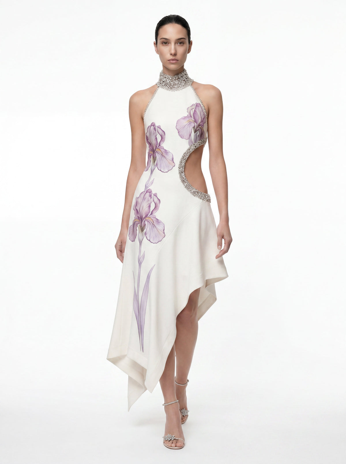 Jeweled Floral Cutout High Neck Dress - White | JW PEI