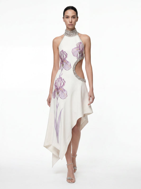 Jeweled Floral Cutout High Neck Dress - White | JW PEI