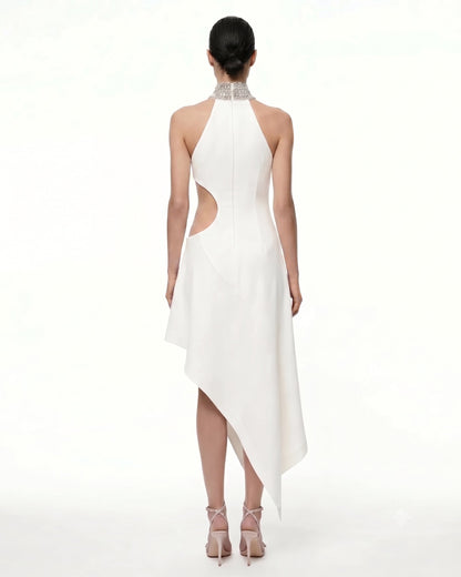Jeweled Floral Cutout High Neck Dress - White | JW PEI