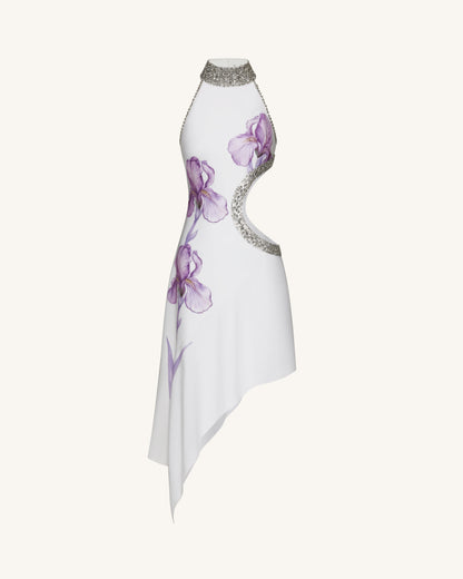Jeweled Floral Cutout High Neck Dress - White | JW PEI