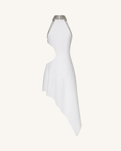 Jeweled Floral Cutout High Neck Dress - White | JW PEI