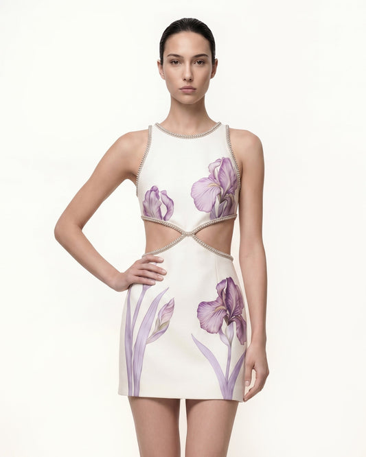 Beaded Trim Floral Mini Dress - White | JW PEI
