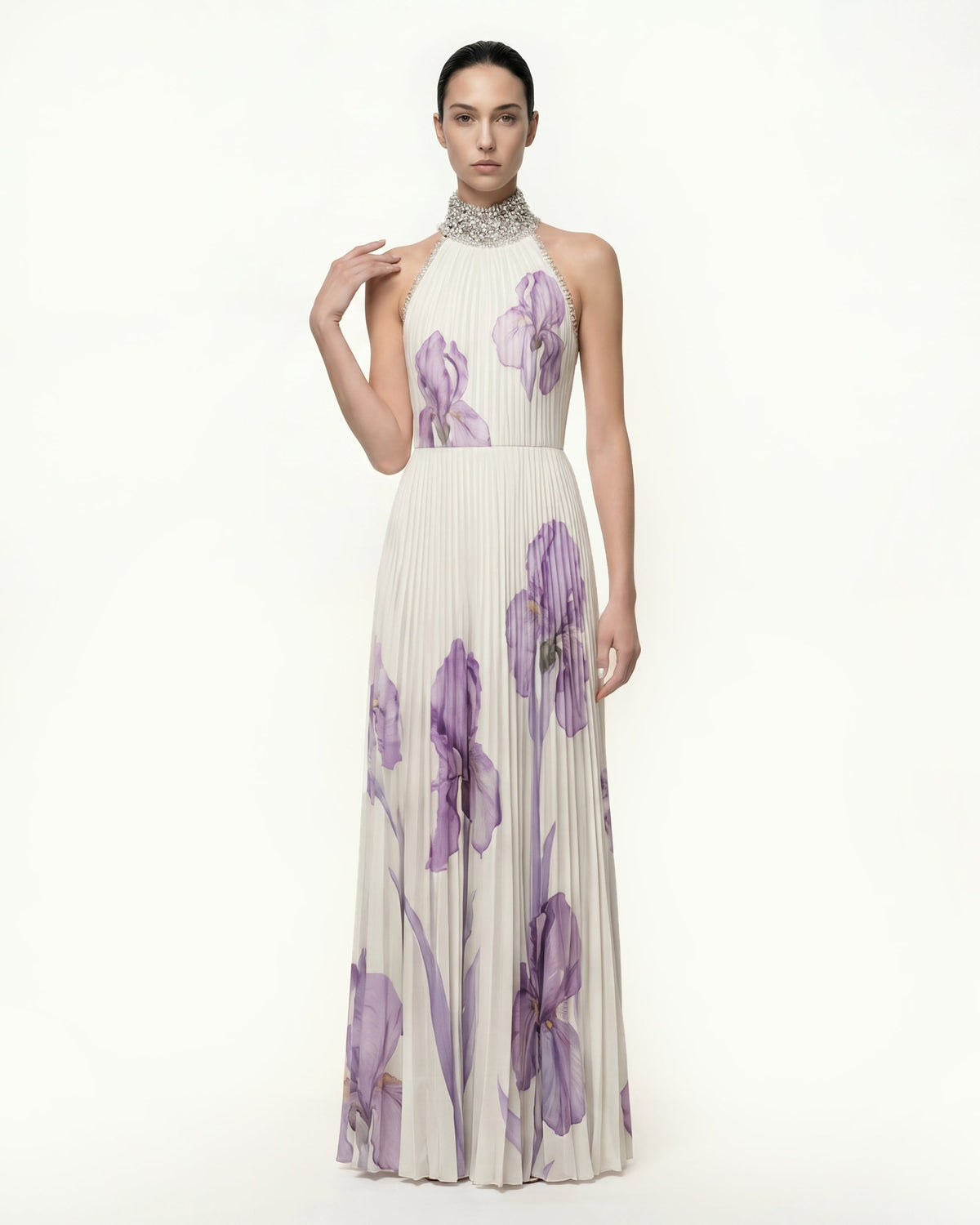 Jeweled-neck Halter Pleated Iris Print Maxi Dress - White/Purple | JW PEI
