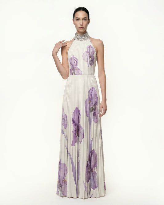 Jeweled-neck Halter Pleated Iris Print Maxi Dress - White/Purple | JW PEI