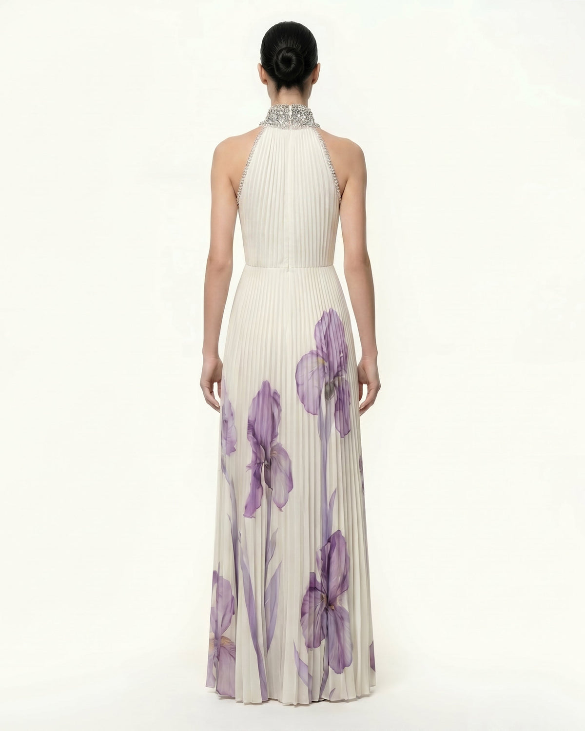 Jeweled-neck Halter Pleated Iris Print Maxi Dress - White/Purple | JW PEI