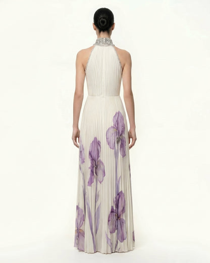 Jeweled-neck Halter Pleated Iris Print Maxi Dress - White/Purple | JW PEI