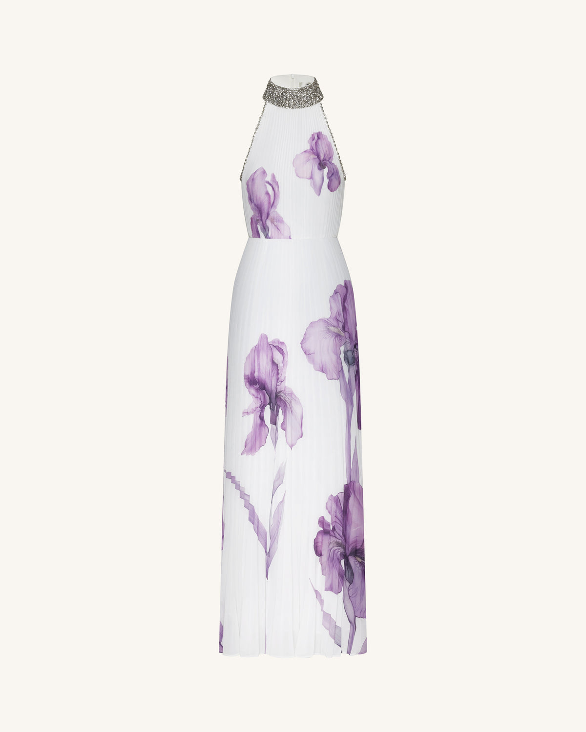 Jeweled-neck Halter Pleated Iris Print Maxi Dress - White/Purple | JW PEI