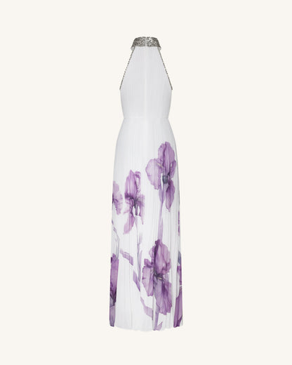 Jeweled-neck Halter Pleated Iris Print Maxi Dress - White/Purple | JW PEI
