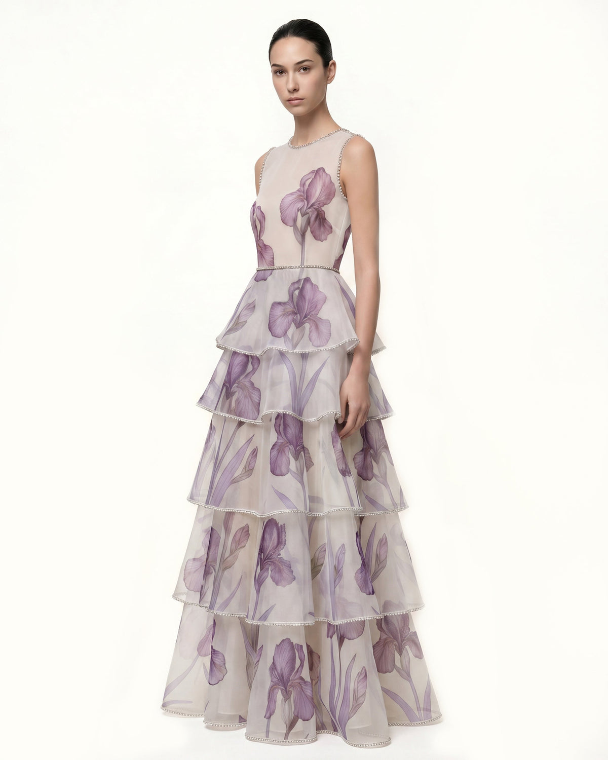Jeweled-Trim Tiered Iris Print Organza Maxi Dress - White/Purple | JW PEI