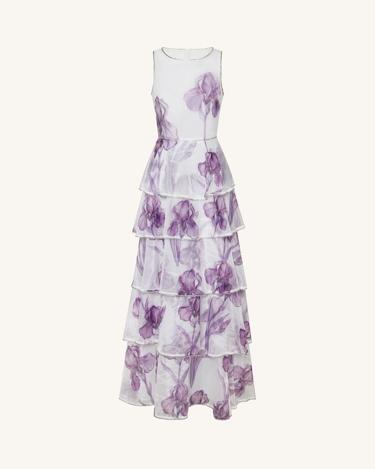 Jeweled-Trim Tiered Iris Print Organza Maxi Dress - White/Purple | JW PEI