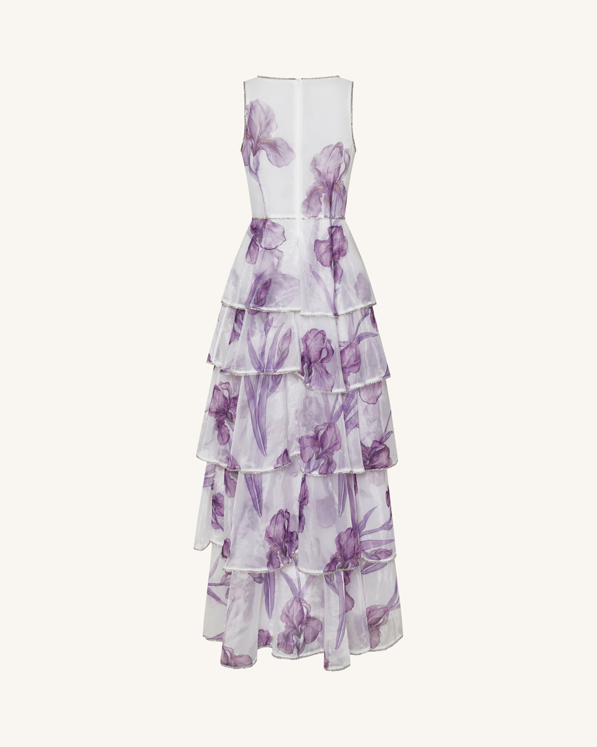 Jeweled-Trim Tiered Iris Print Organza Maxi Dress - White/Purple | JW PEI