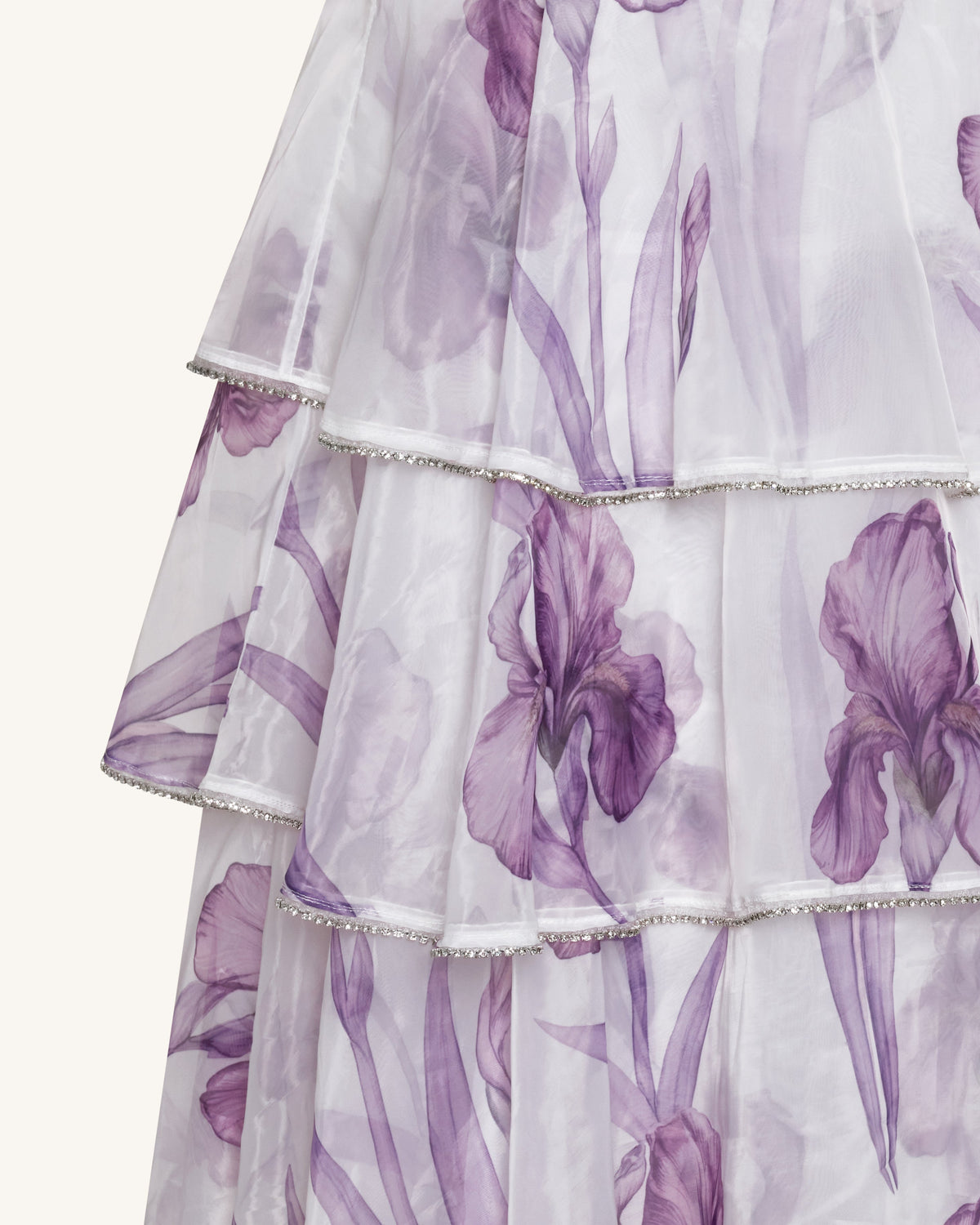 Jeweled-Trim Tiered Iris Print Organza Maxi Dress - White/Purple | JW PEI