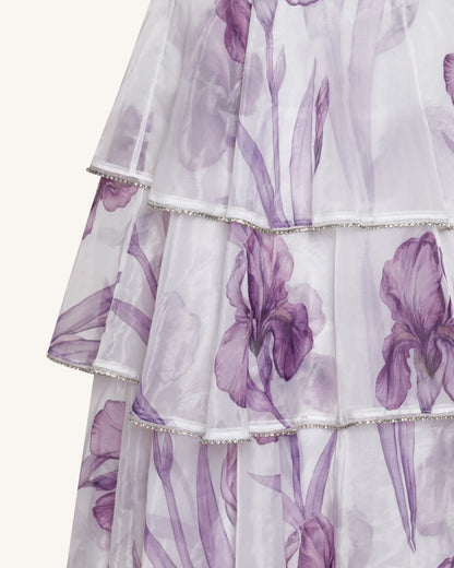 Jeweled-Trim Tiered Iris Print Organza Maxi Dress - White/Purple | JW PEI