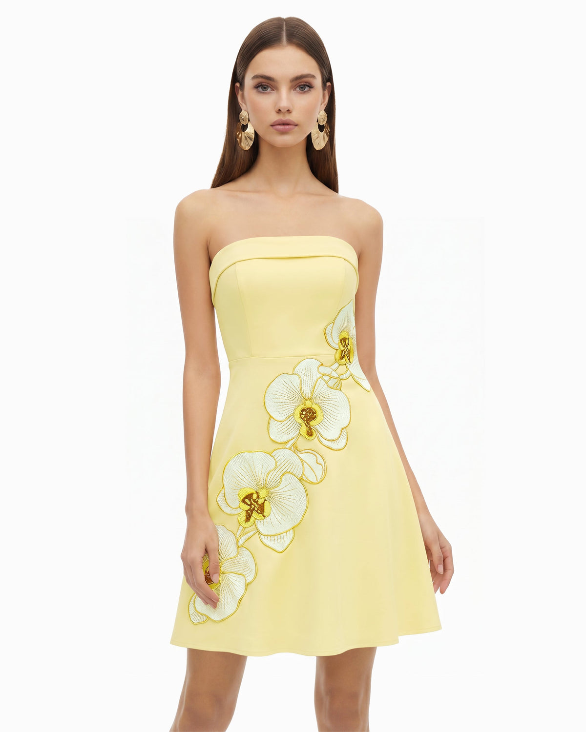 Orchid Embroidered Strapless A-Line Midi Dress - Pale Yellow | JW PEI