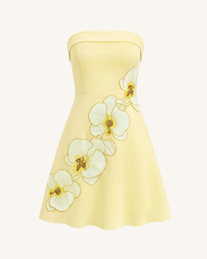 Orchid Embroidered Strapless A-Line Midi Dress - Pale Yellow | JW PEI