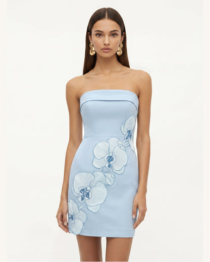 Orchid Embroidered Strapless Sheath Midi Dress - Light Blue | JW PEI