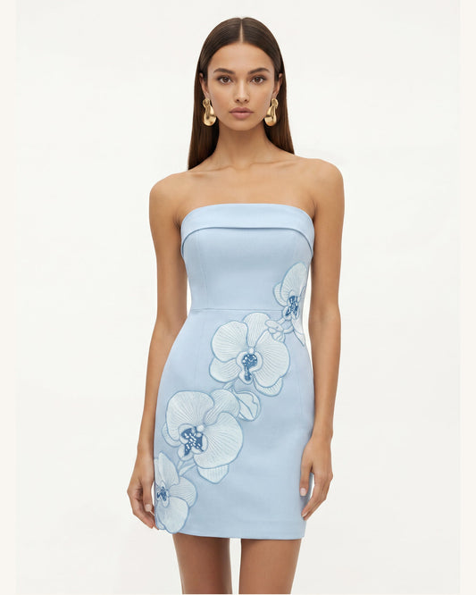 Orchid Embroidered Strapless Sheath Midi Dress - Light Blue | JW PEI