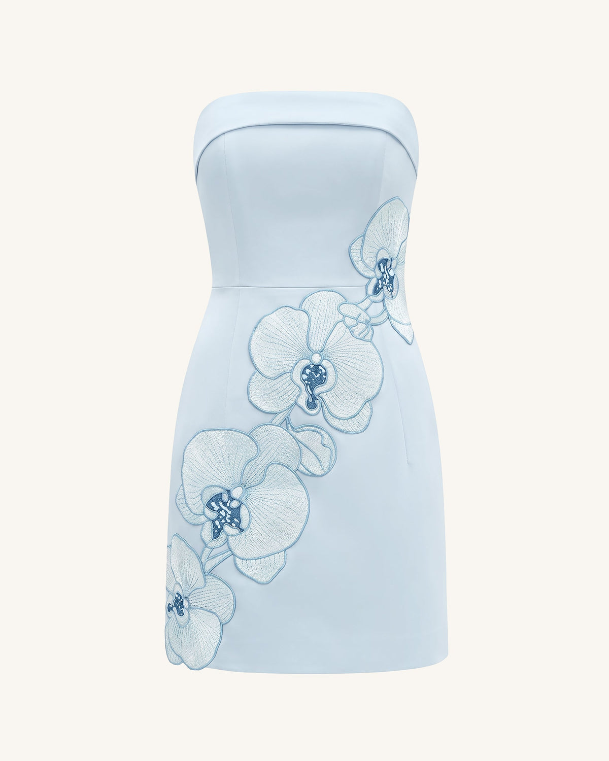 Orchid Embroidered Strapless Sheath Midi Dress - Light Blue | JW PEI