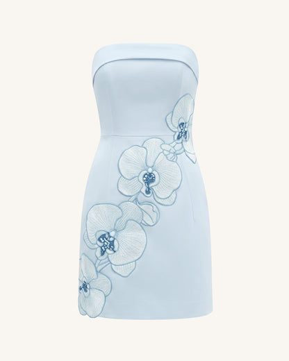 Orchid Embroidered Strapless Sheath Midi Dress - Light Blue | JW PEI