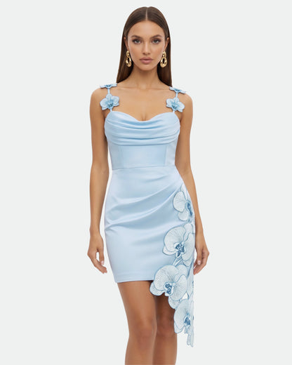 Orchid Embroidered Draped Mini Dress - Light Blue | JW PEI
