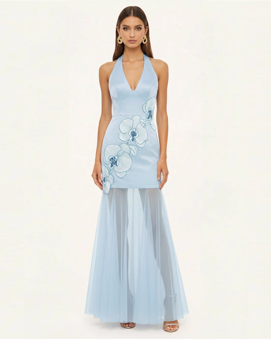 Orchid Embroidered Sheer Hem Halter Maxi Dress - Light Blue | JW PEI